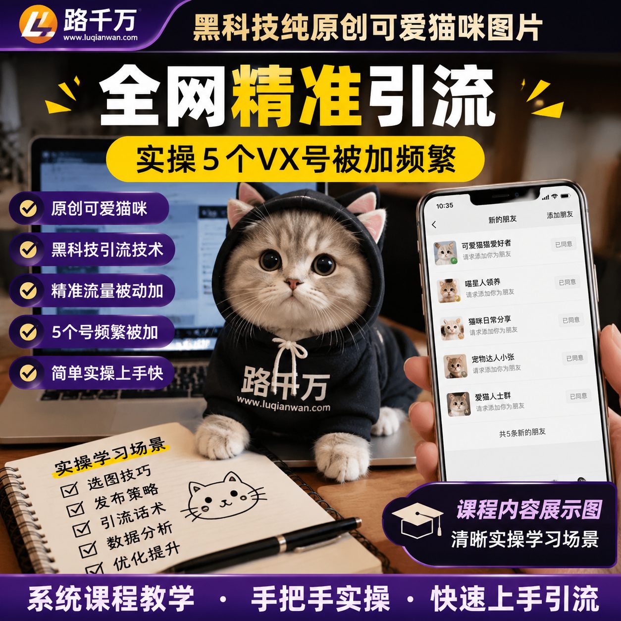 黑科技纯原创可爱猫咪图片全网精准引流实操5个VX课程资料