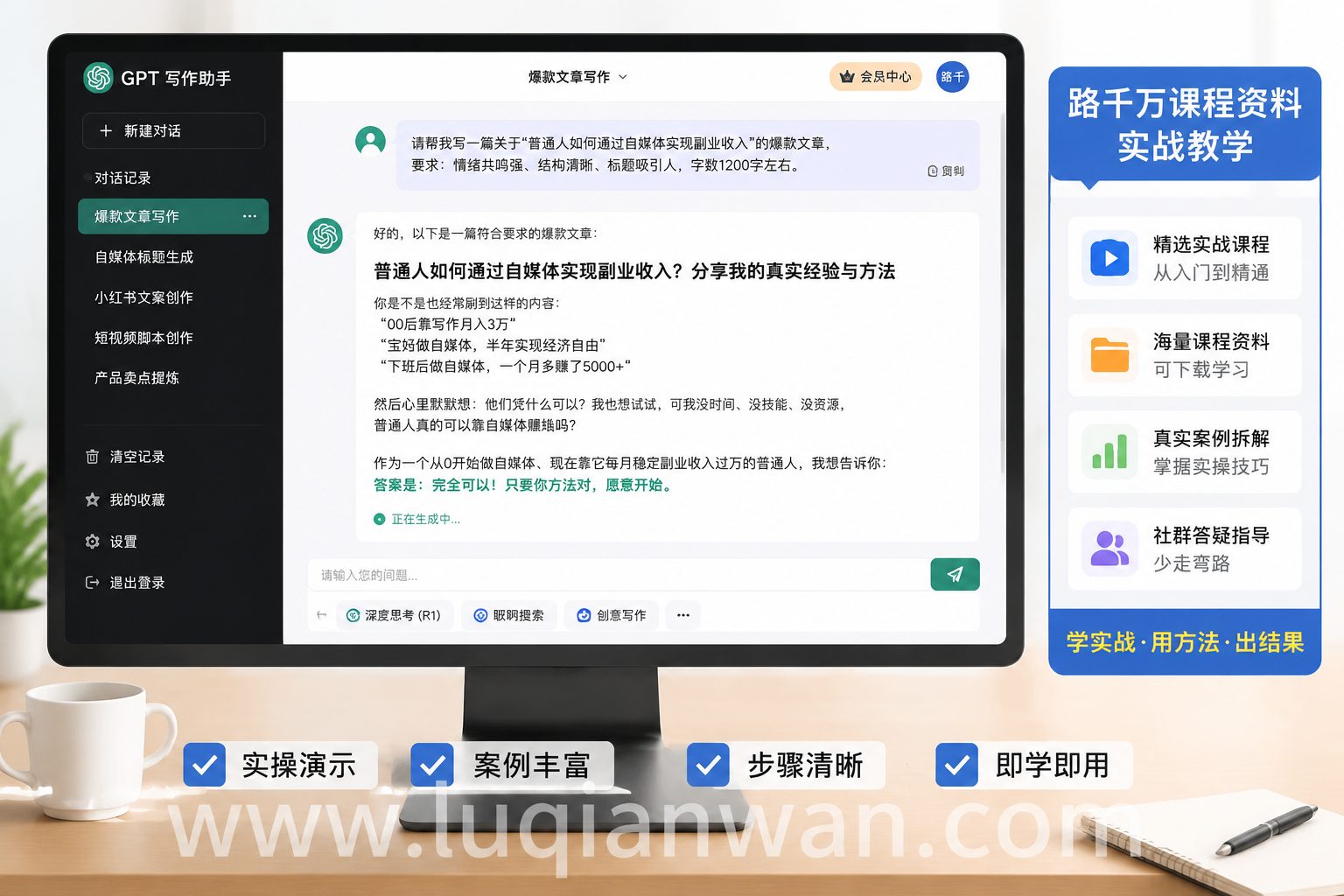 GPT写爆款文章实操截图，路千万课程资料教学演示