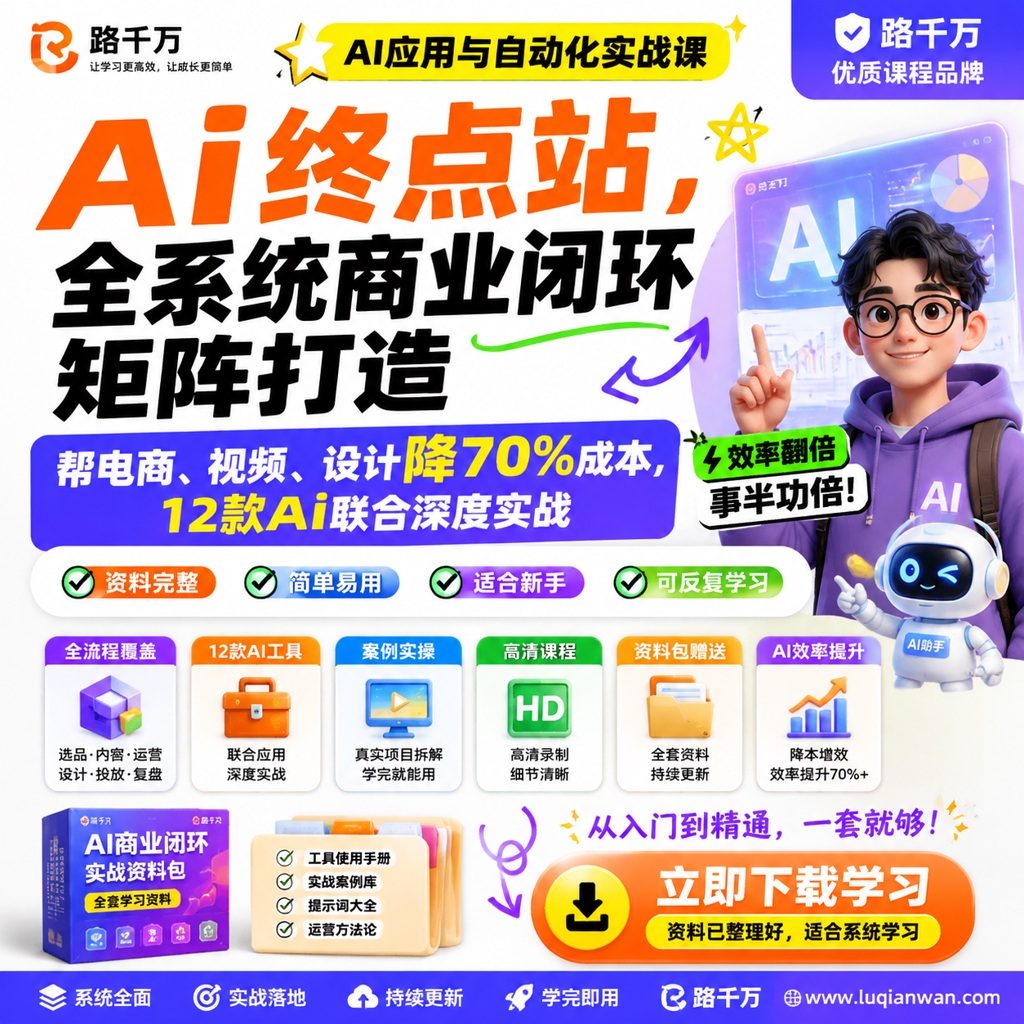 Ai终点站，全系统商业闭环矩阵打造，帮电商、视频、设计降70%成本，12款Ai联合深度实战课程主图