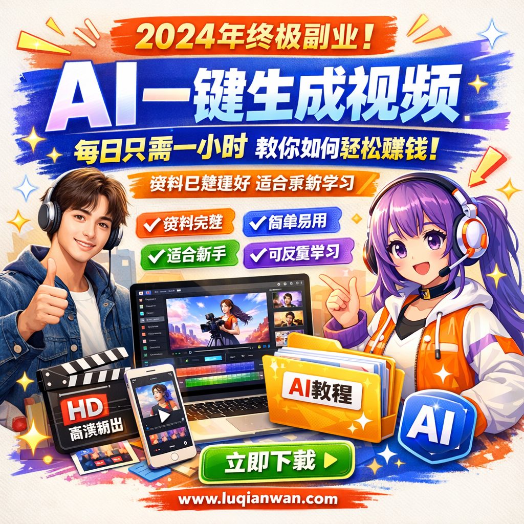 2024年终极副业！AI一键生成视频，每日只需一小时，教你如何轻松赚钱！课程主图