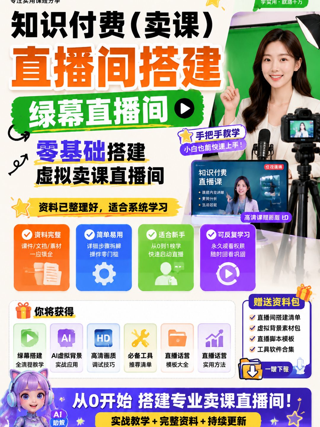 知识付费(卖课)直播间搭建-绿幕直播间,零基础搭建虚拟卖课直播间课程资料