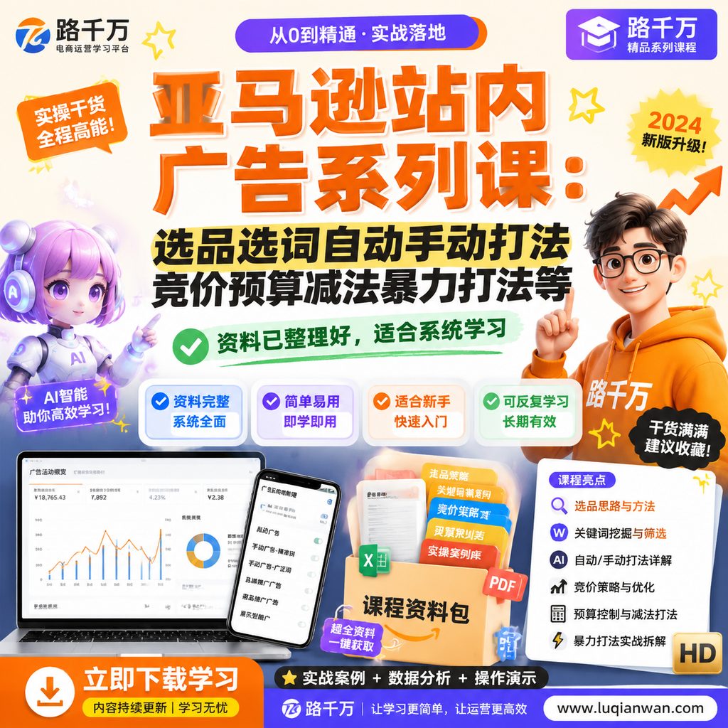 亚马逊站内广告系列课：选品选词自动手动打法竞价预算减法暴力打法等课程主图