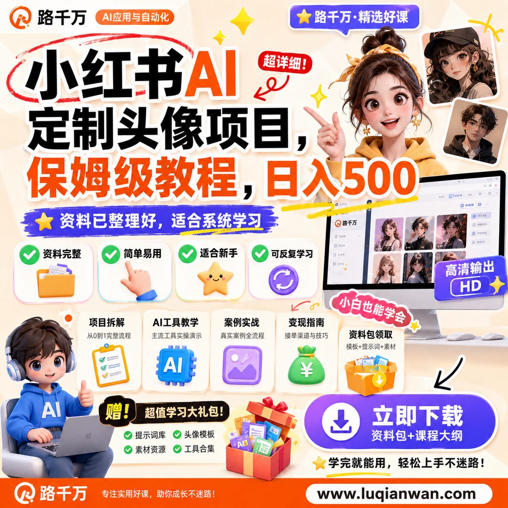 小红书AI定制头像项目，保姆级教程，日入500课程主图