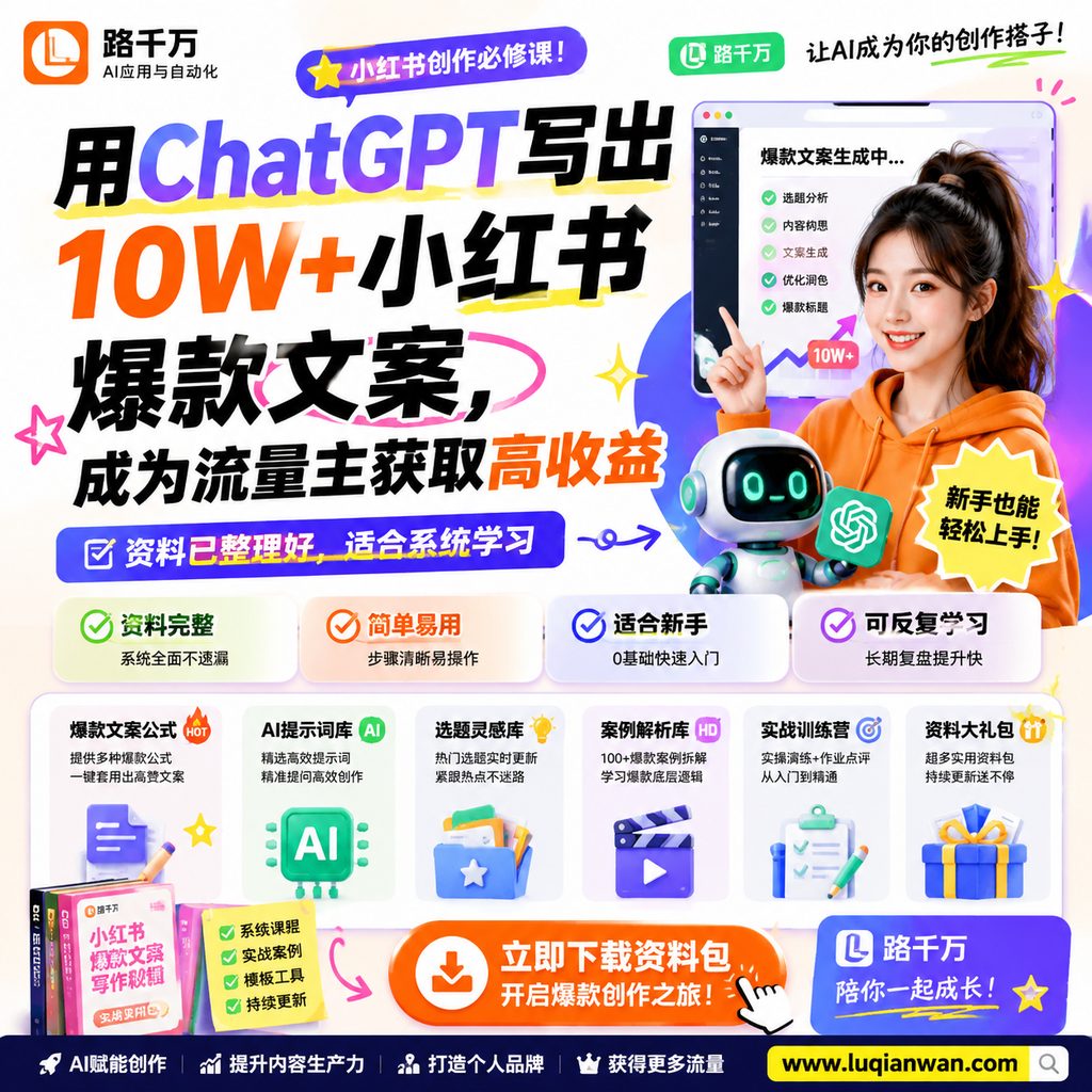 用ChatGPT写出10W+小红书爆款文案,成为流量主获取高收益课程主图