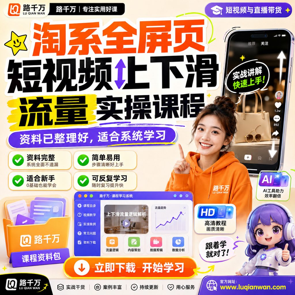 淘系全屏页短视频上下滑流量实操课程课程主图