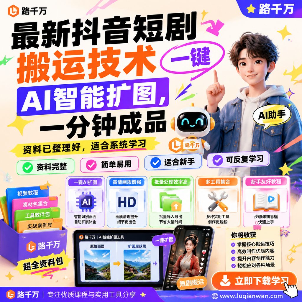 最新抖音短剧搬运技术,一键AI智能扩图,一分钟成品课程主图