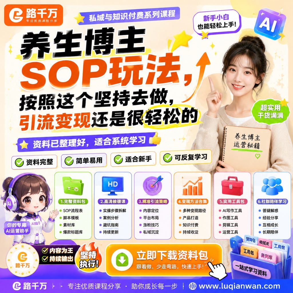 养生博主SOP玩法,按照这个坚持去做,引流变现还是很轻松的课程主图