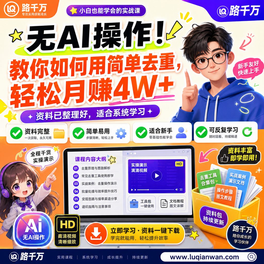 无AI操作！教你如何用简单去重，轻松月赚4W+课程主图
