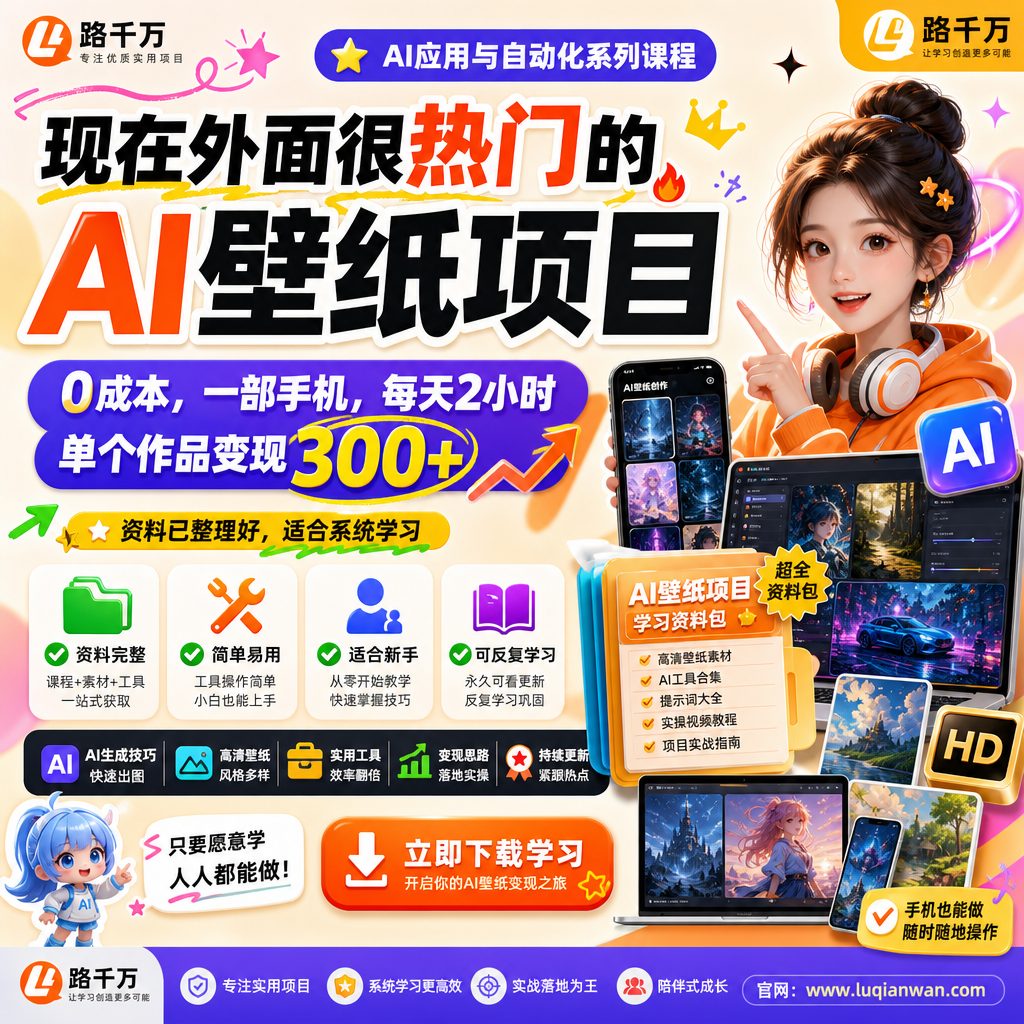 现在外面很热门的AI壁纸项目,0成本,一部手机,每天2小时,单个作品变现300+课程主图