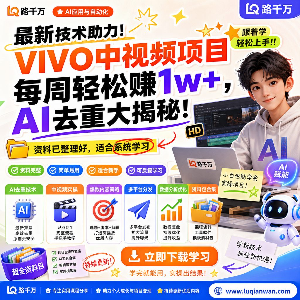 最新技术助力！VIVO中视频项目每周轻松赚1w+，AI去重大揭秘！课程主图