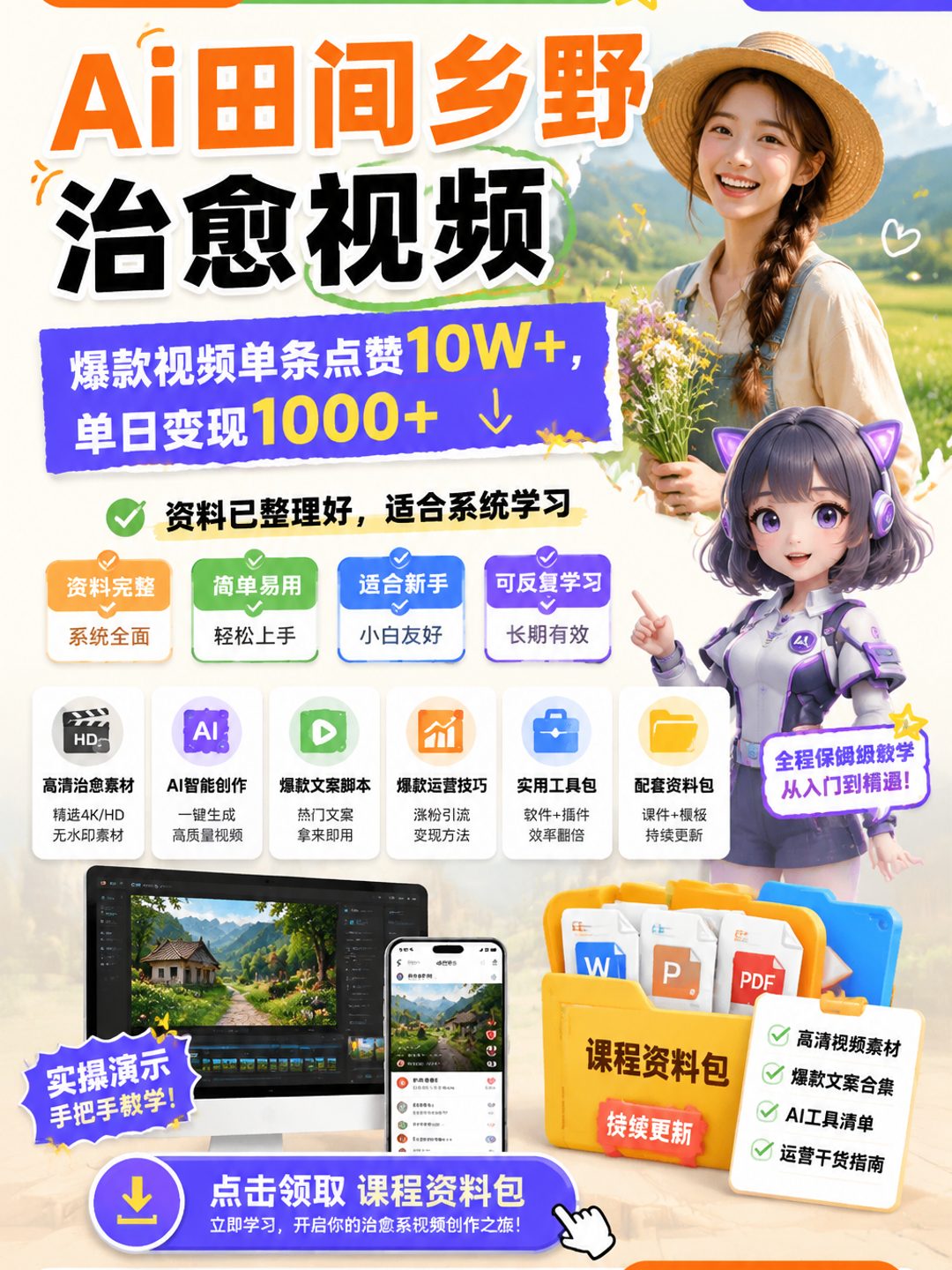 Ai田间乡野治愈视频,爆款视频单条点赞10W+,单日变现1000+课程资料