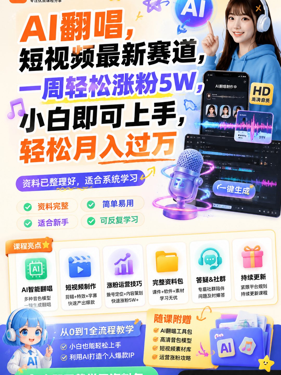 AI翻唱,短视频最新赛道,一周轻松涨粉5W,小白即可上手,轻松月入过万课程资料