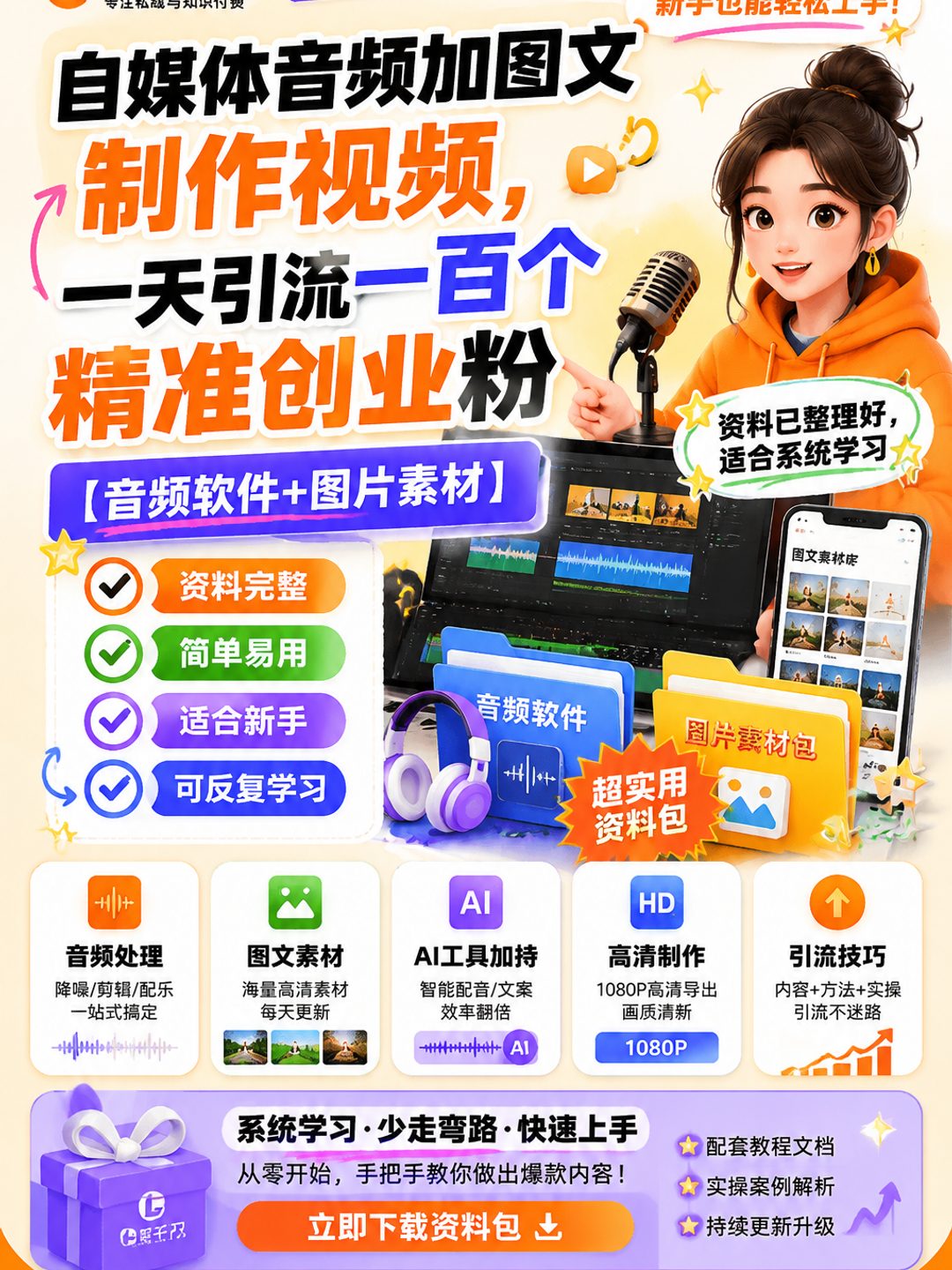 自媒体音频加图文制作视频,一天引流一百个精准创业粉【音频软件+图片素材】课程资料