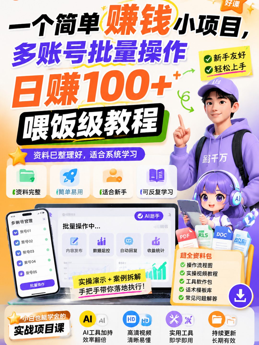 一个简单赚钱小项目,多账号批量操作日赚100+,喂饭级教程课程资料