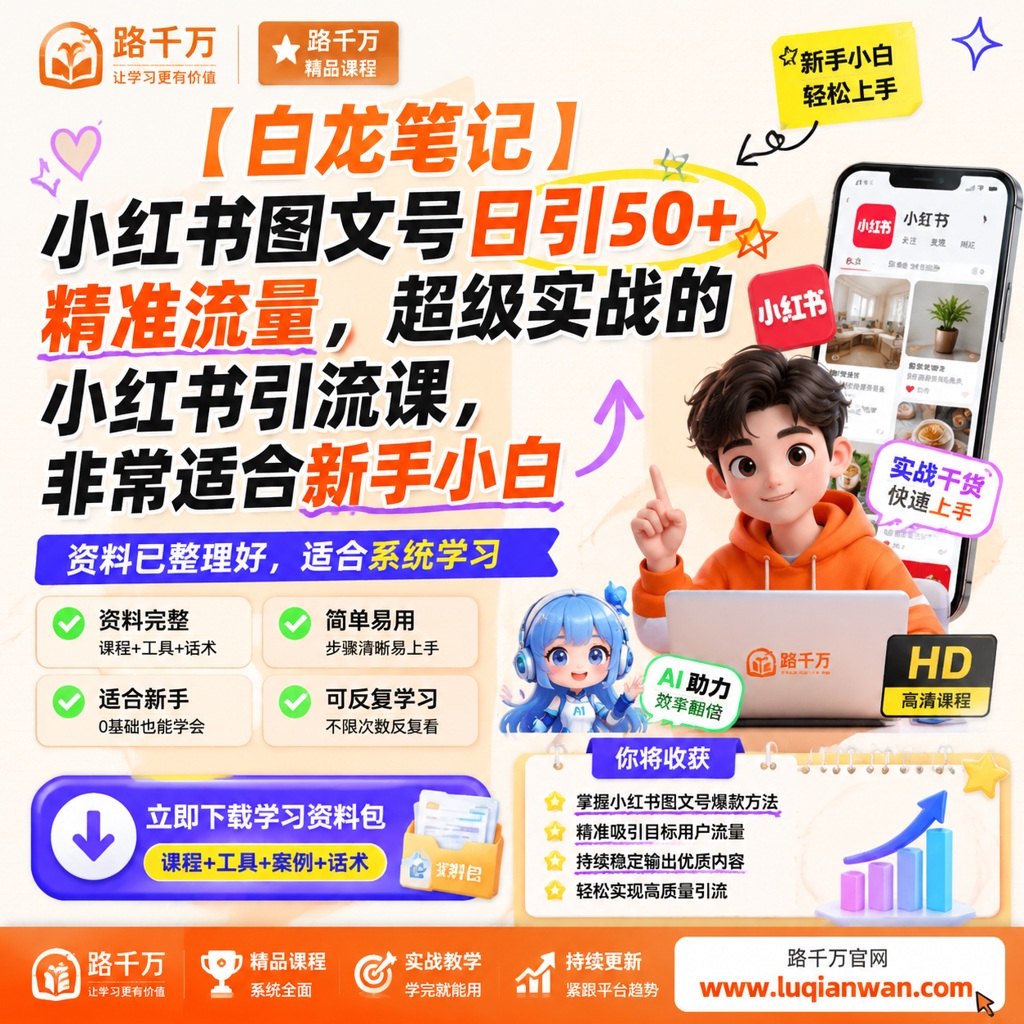 【白龙笔记】小红书图文号日引50+精准流量，超级实战的小红书引流课，非常适合新手小白课程主图