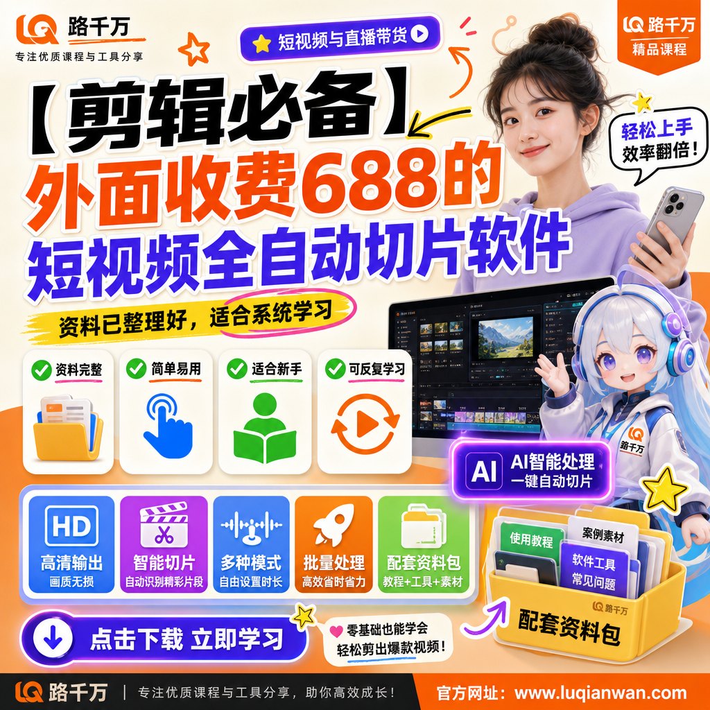 【剪辑必备】外面收费688的短视频全自动切片软件课程主图