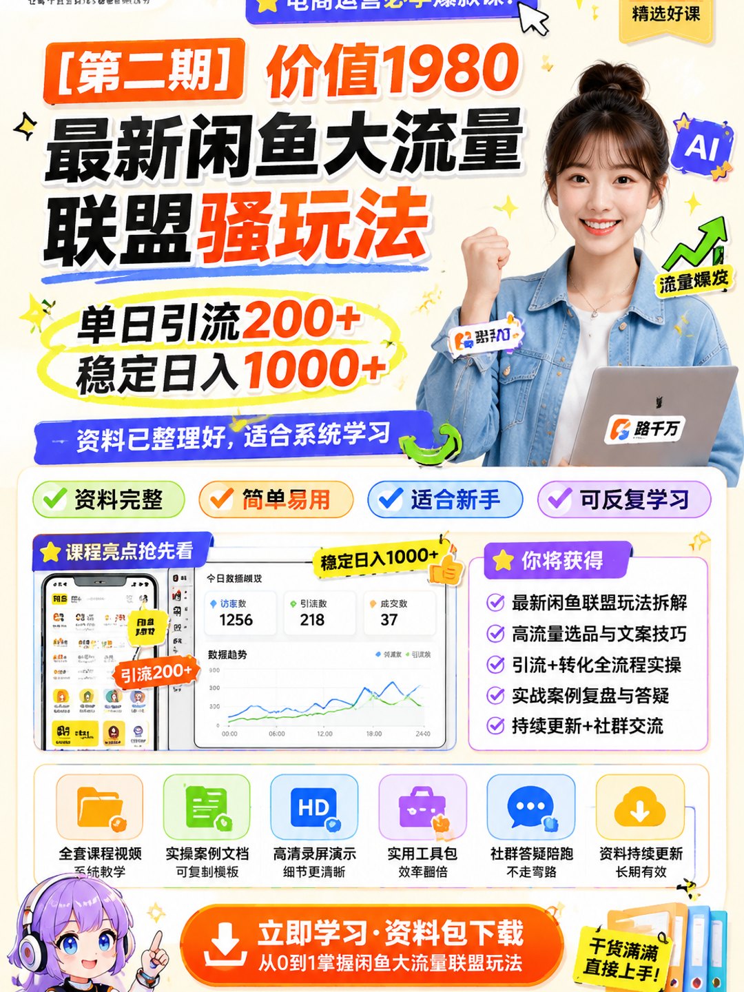 【第二期】价值1980最新闲鱼大流量联盟骚玩法，单日引流200+，稳定日入1000+课程资料