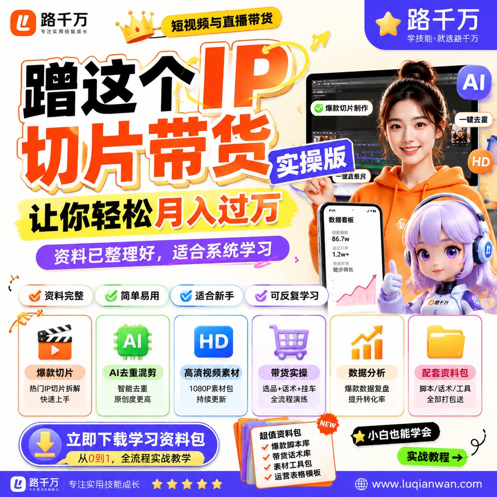 蹭这个IP切片带货实操版，让你轻松月入过万课程主图