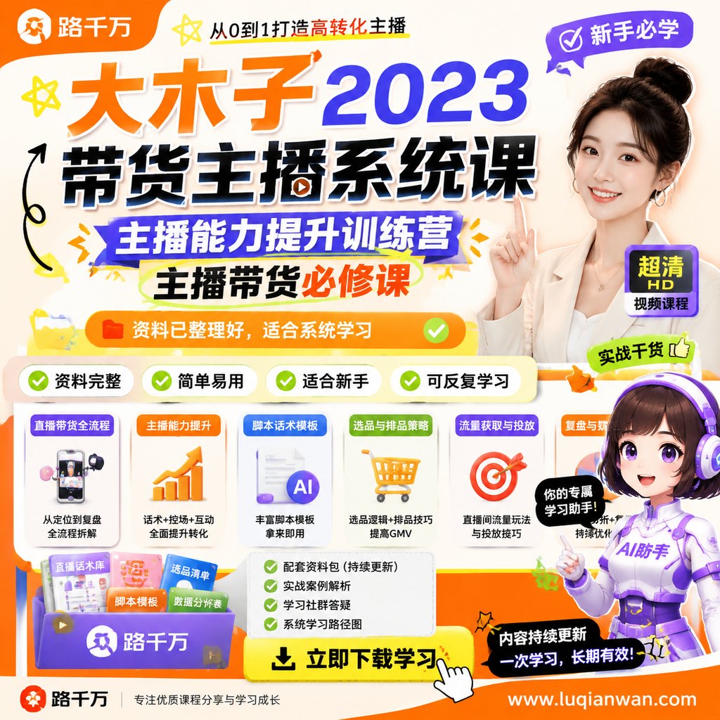 大木子带货主播系统课，主播能力提升训练营，主播带货必修课课程主图