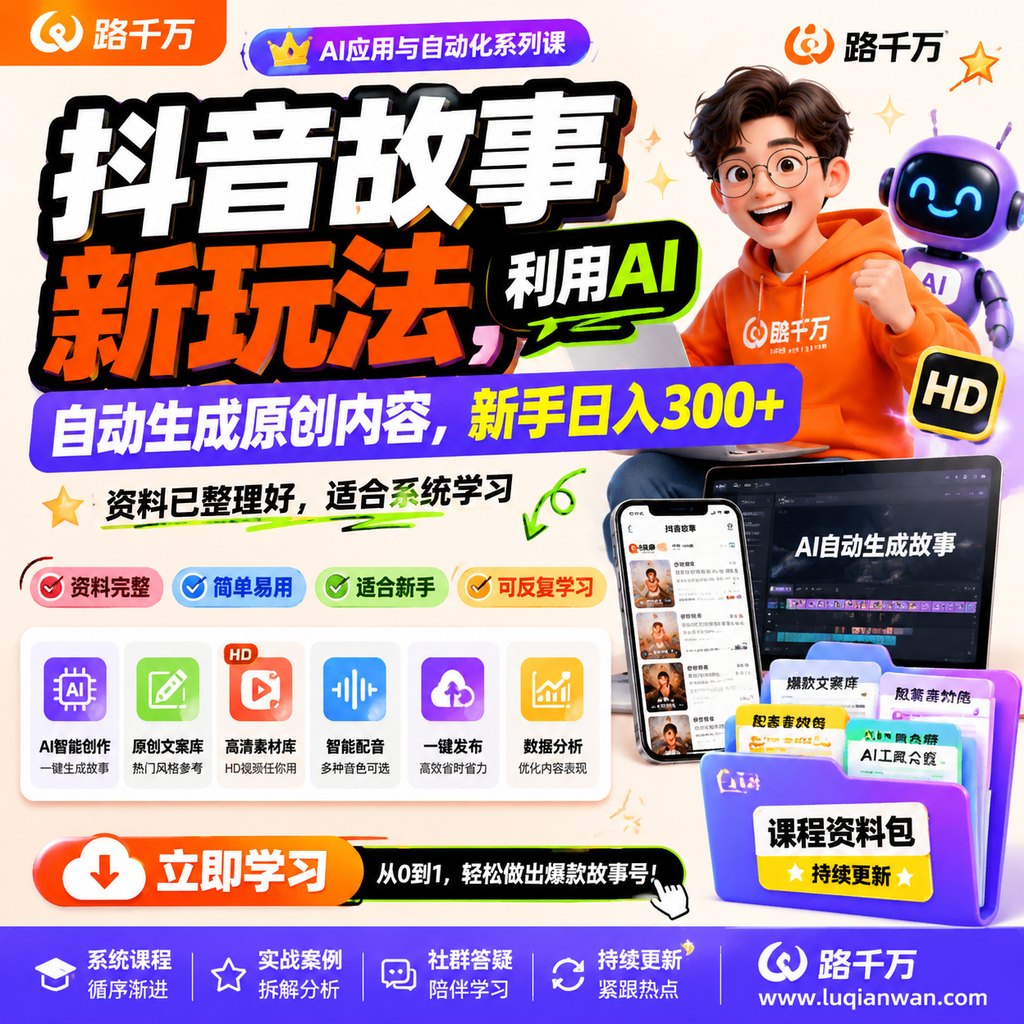 抖音故事新玩法,利用AI自动生成原创内容,新手日入300+课程主图