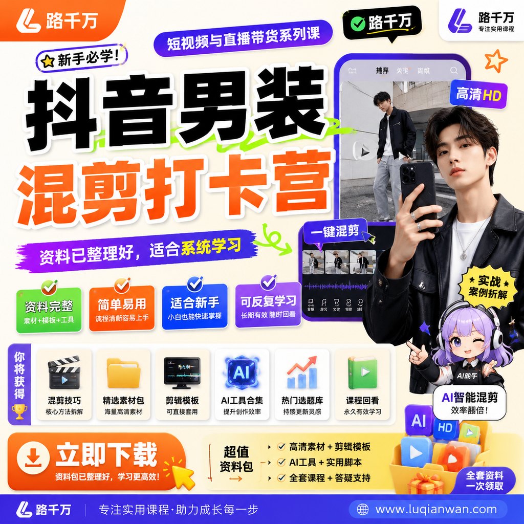 抖音男装混剪打卡营课程主图