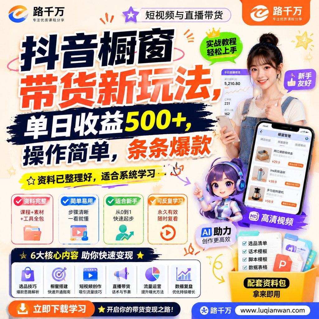 抖音橱窗带货新玩法，单日收益500+，操作简单，条条爆款课程主图