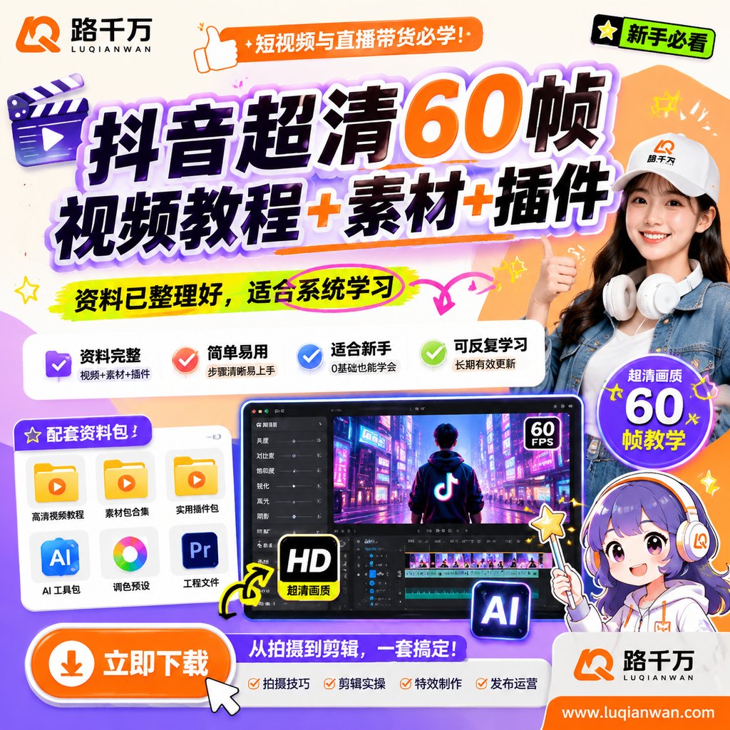 抖音超清60帧视频教程+素材+插件课程主图