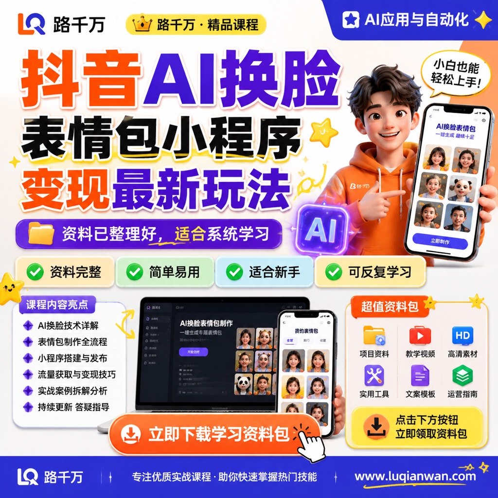 抖音AI换脸表情包小程序变现最新玩法课程主图