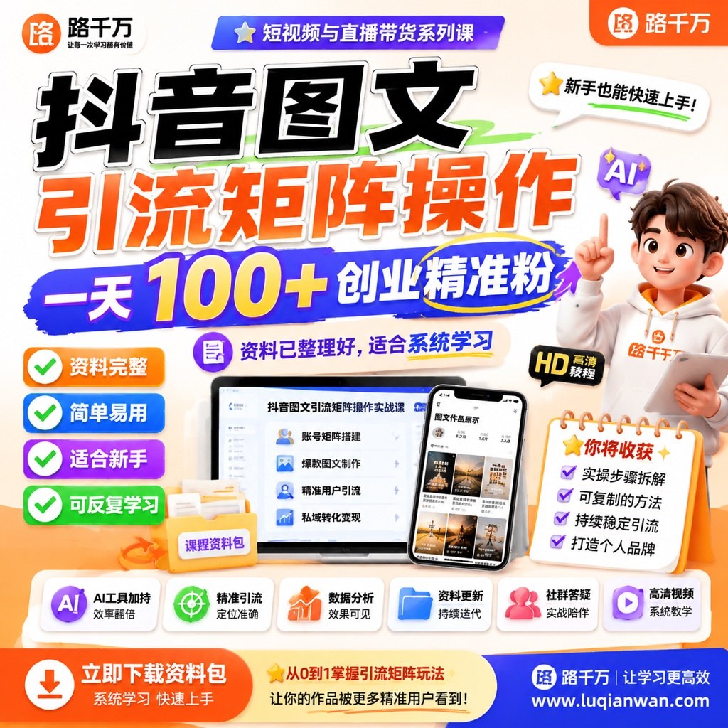 抖音图文引流矩阵操作一天100+创业精准粉课程主图