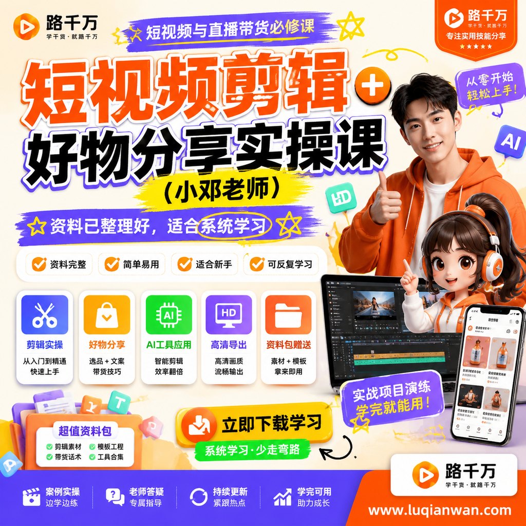 短视频剪辑+好物分享实操课(小邓老师)课程主图