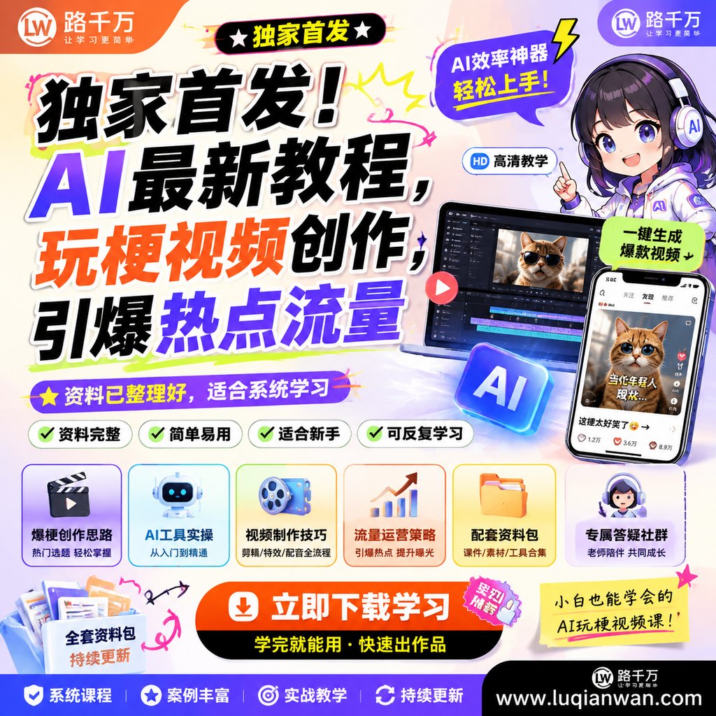 独家首发!AI最新教程,玩梗视频创作,引爆热点流量课程主图