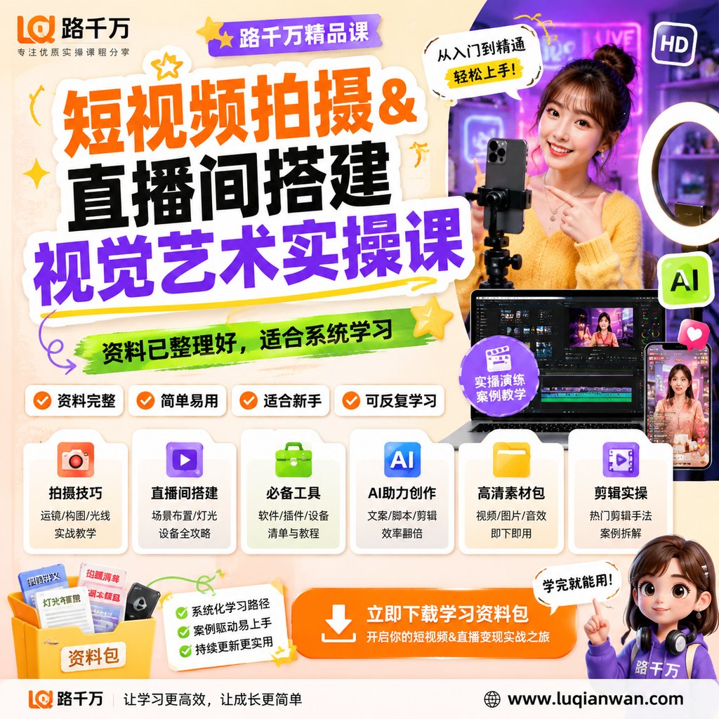 短视频拍摄&直播间搭建视觉艺术实操课课程主图
