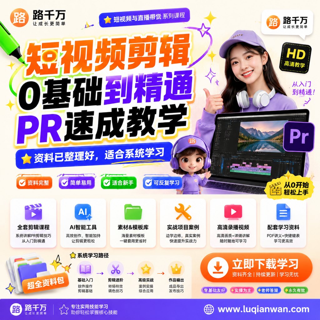 短视频剪辑0基础到精通PR速成教学课程主图