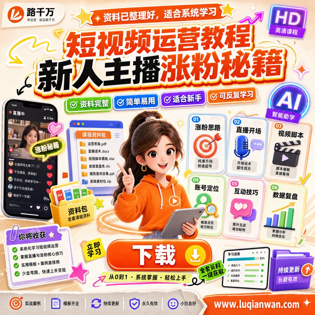 短视频运营教程,新人主播涨粉秘籍课程主图