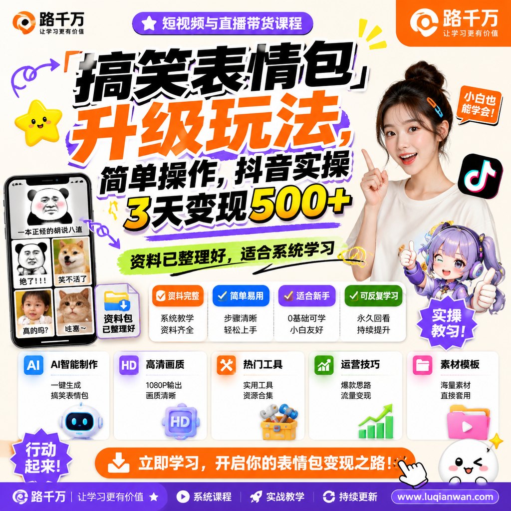 搞笑表情包升级玩法,简单操作,抖音实操3天变现500+课程主图