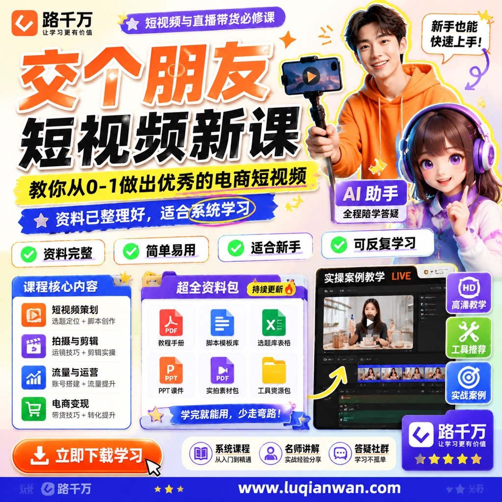 交个朋友短视频新课,教你从0-1做出优秀的电商短视频课程主图