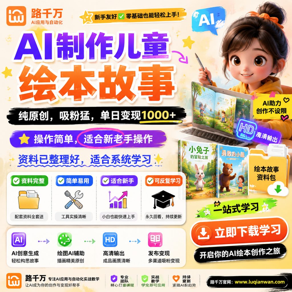 AI制作儿童绘本故事,纯原创,吸粉猛,单日变现1000+,操作简单,适合新老手操作课程主图