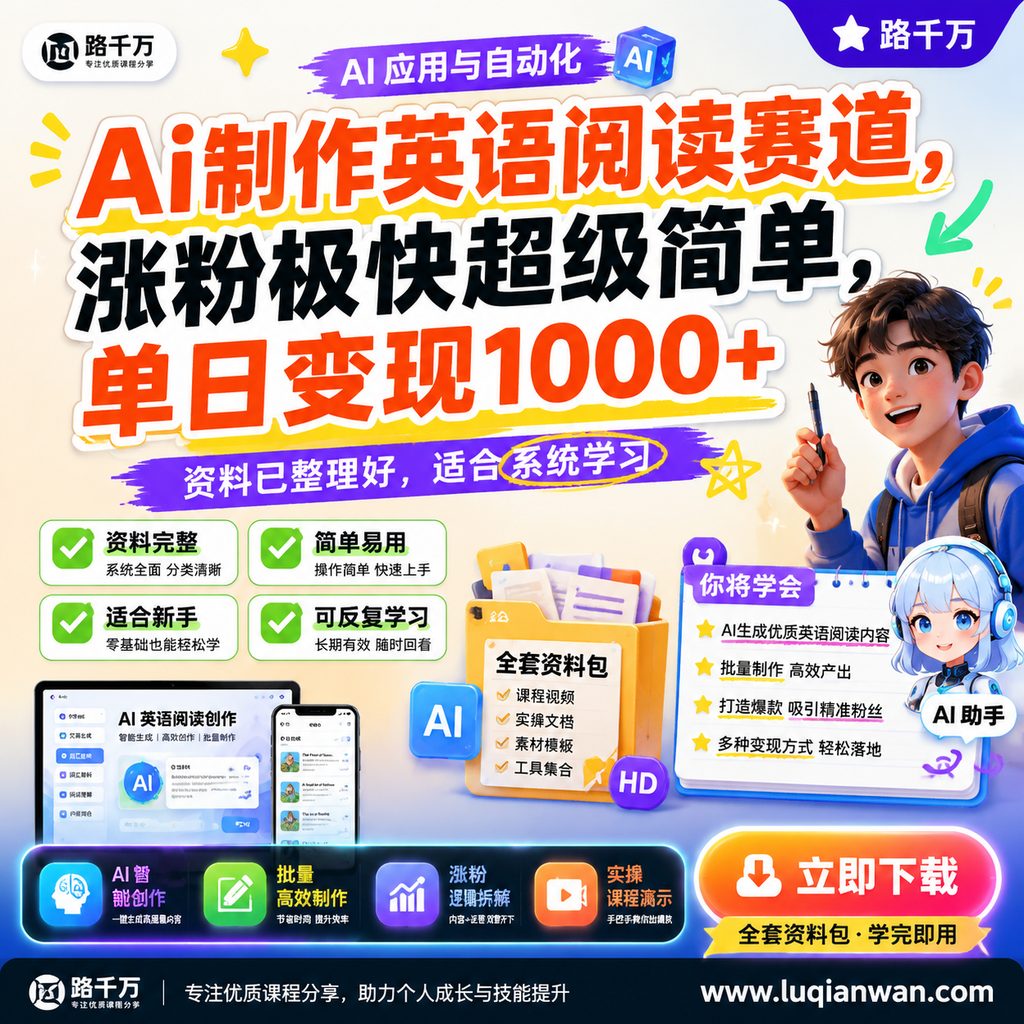 Ai制作英语阅读赛道，涨粉极快超级简单，单日变现1000+课程主图
