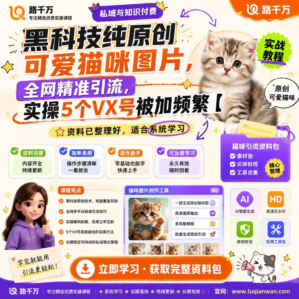 黑科技纯原创可爱猫咪图片,全网精准引流,实操5个VX号被加频繁【课程主图