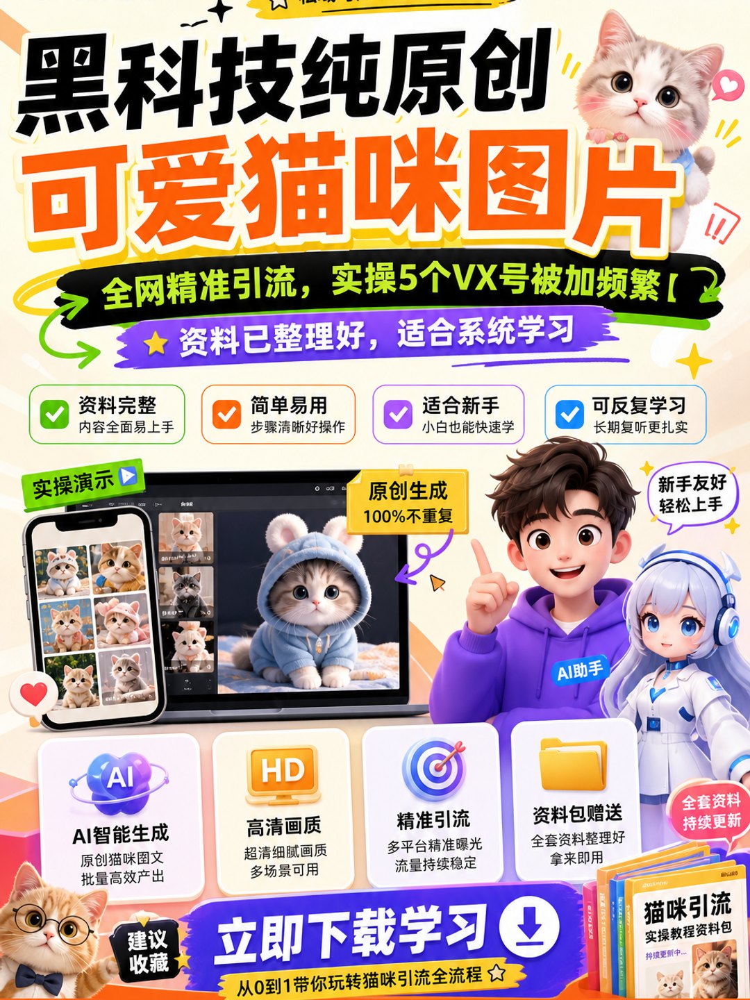 黑科技纯原创可爱猫咪图片,全网精准引流,实操5个VX号被加频繁【课程资料