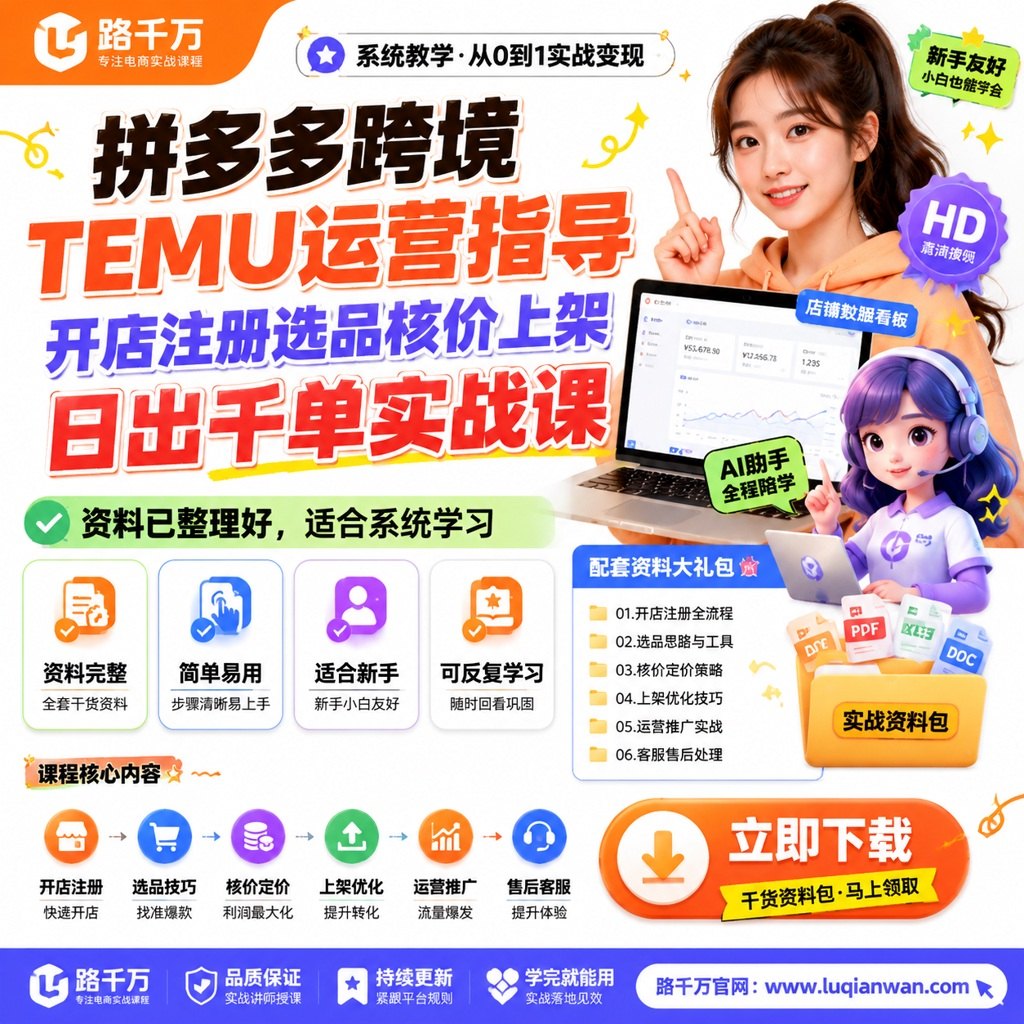 拼多多跨境TEMU运营指导开店注册选品核价上架日出千单实战课课程主图