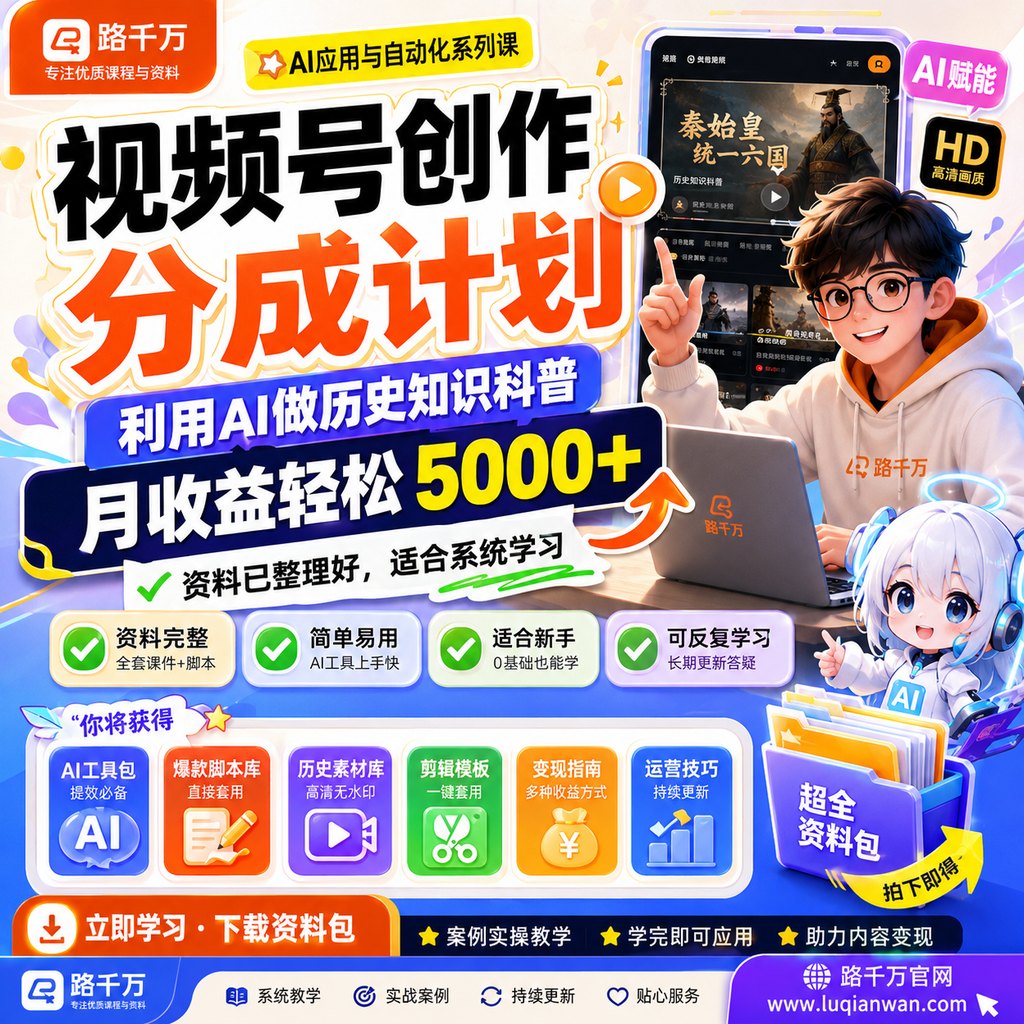 视频号创作分成计划 利用AI做历史知识科普 月收益轻松5000+课程主图