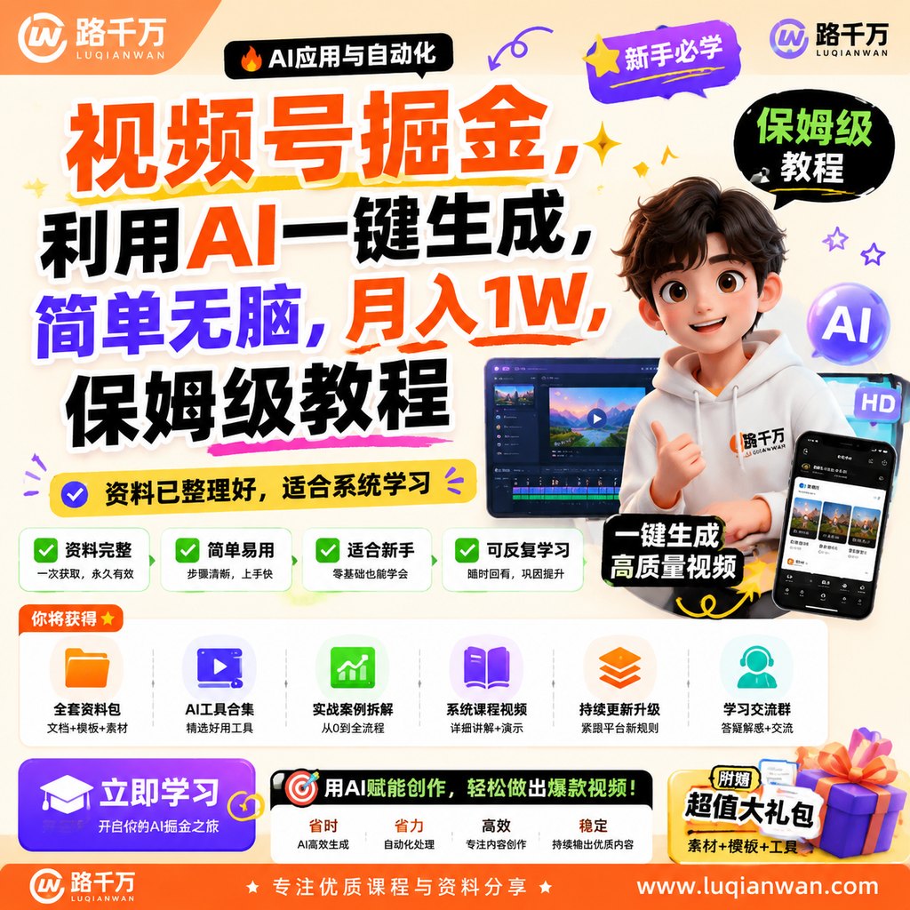 视频号掘金,利用AI一键生成,简单无脑,月入1W,保姆级教程课程主图