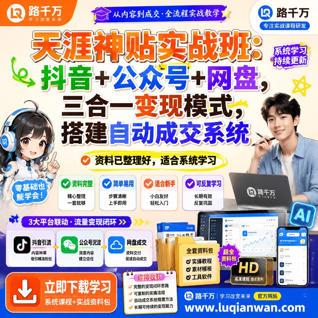 天涯神贴实战班：抖音+公众号+网盘，三合一变现模式，搭建自动成交系统课程主图
