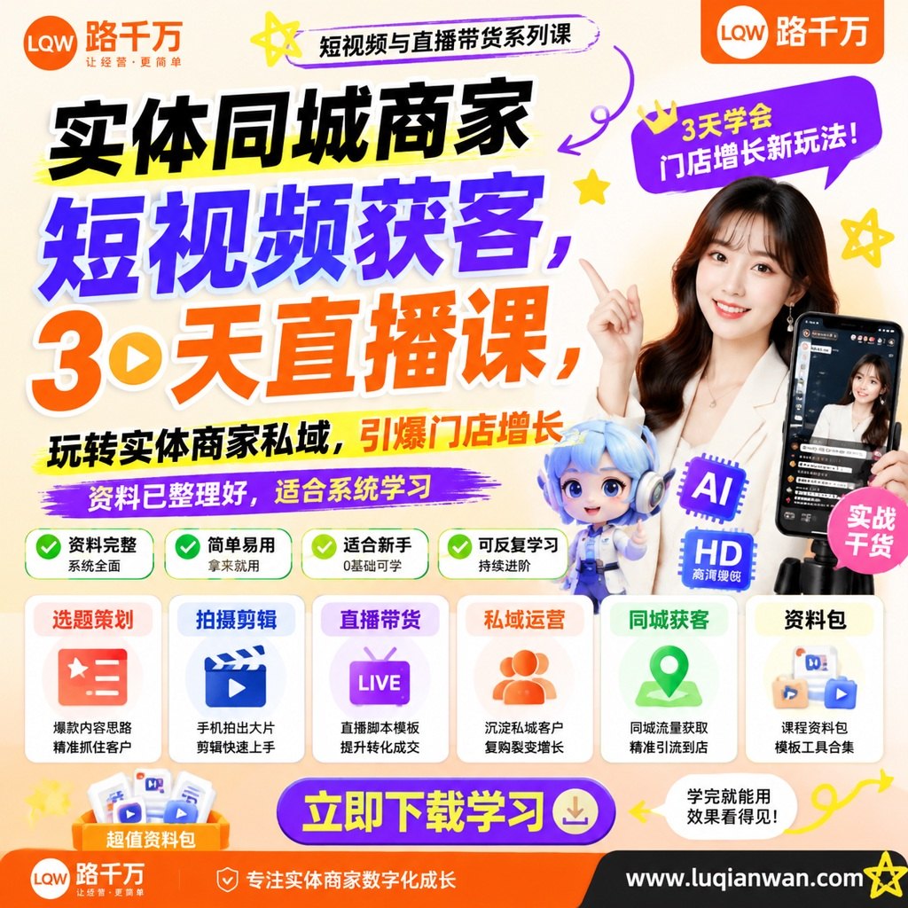实体同城商家短视频获客，3天直播课，玩转实体商家私域，引爆门店增长课程主图