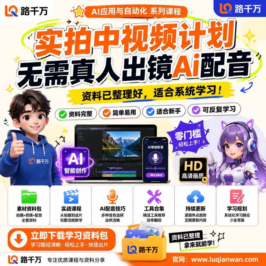 实拍中视频计划，无需真人出镜Ai配音课程主图