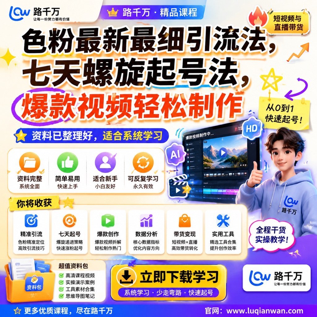 色粉最新最细引流法,七天螺旋起号法,爆款视频轻松制作课程主图